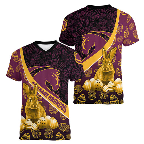 Brisbane Broncos Easter Day Women V-Neck T-Shirt Bunny and Egg Pattern in Gold Maroon Festive Style