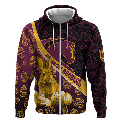 Brisbane Broncos Easter Day Zip Hoodie Bunny and Egg Pattern in Gold Maroon Festive Style