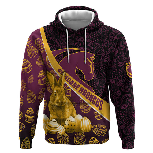 Brisbane Broncos Easter Day Zip Hoodie Bunny and Egg Pattern in Gold Maroon Festive Style