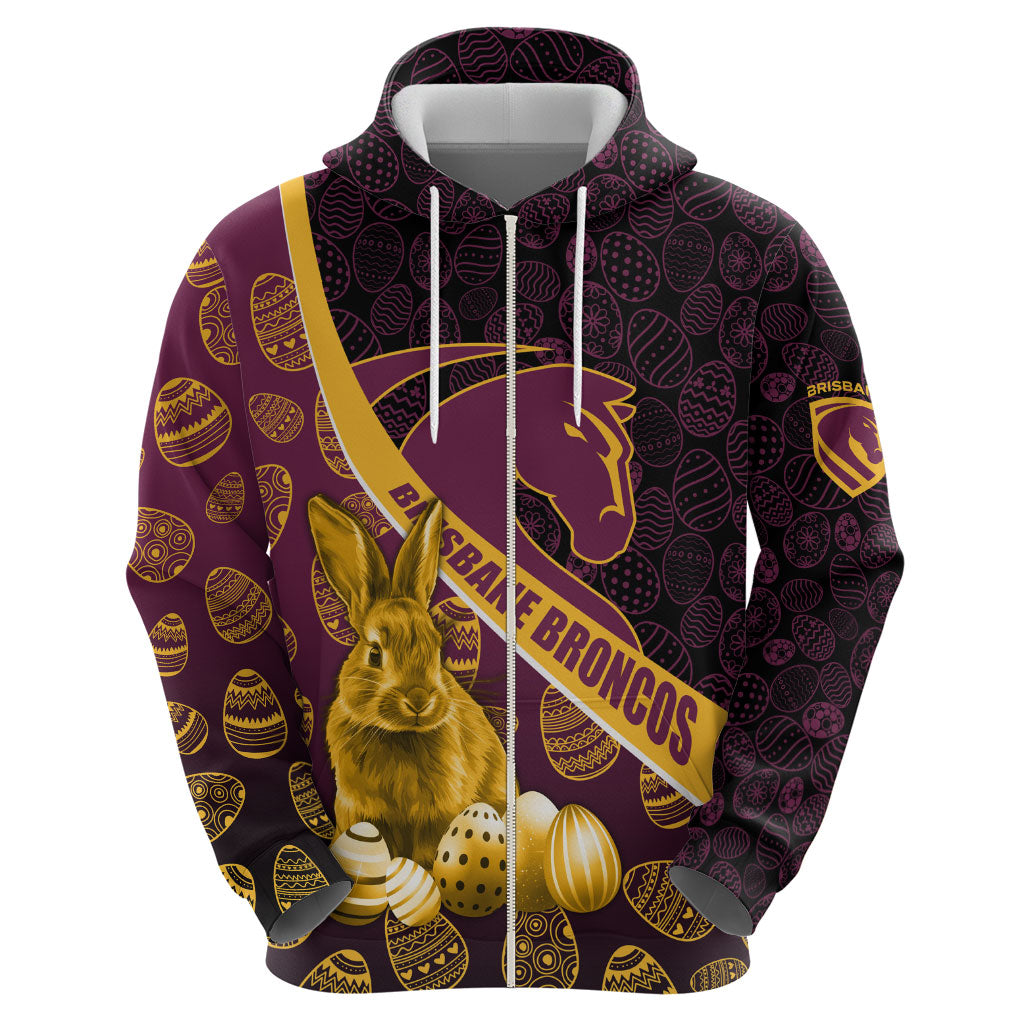 Brisbane Broncos Easter Day Zip Hoodie Bunny and Egg Pattern in Gold Maroon Festive Style