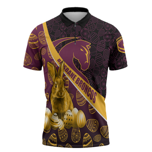 Brisbane Broncos Easter Day Zipper Polo Shirt Bunny and Egg Pattern in Gold Maroon Festive Style