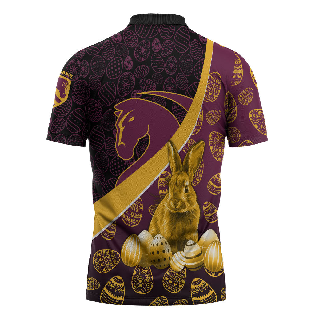 Brisbane Broncos Easter Day Zipper Polo Shirt Bunny and Egg Pattern in Gold Maroon Festive Style