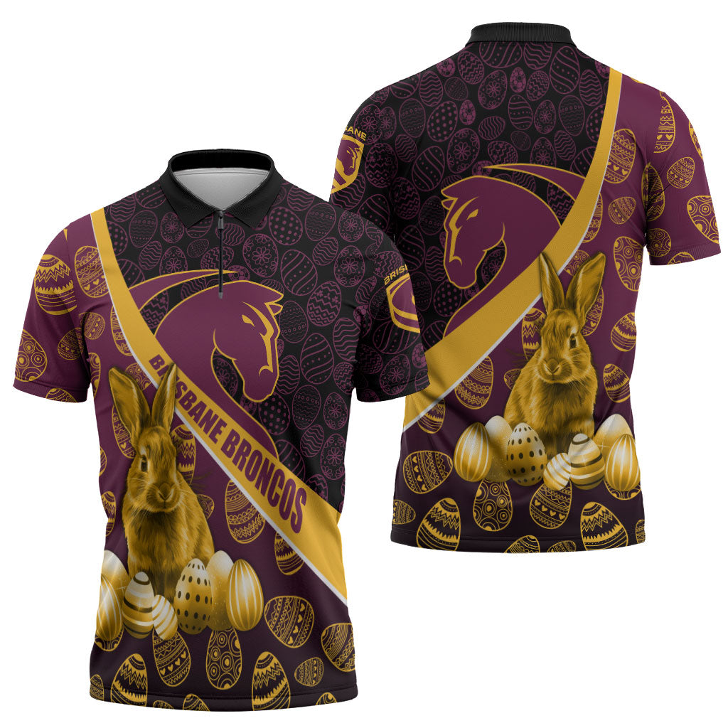 Brisbane Broncos Easter Day Zipper Polo Shirt Bunny and Egg Pattern in Gold Maroon Festive Style