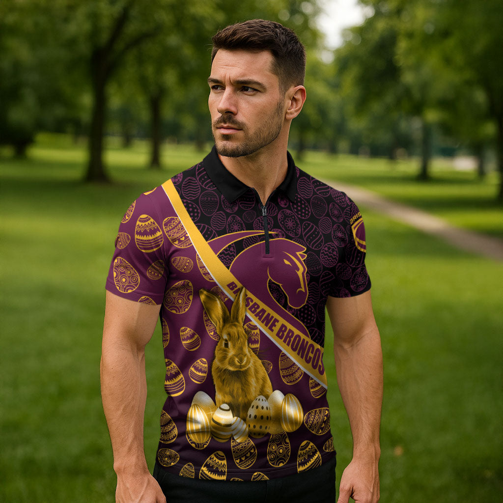 Brisbane Broncos Easter Day Zipper Polo Shirt Bunny and Egg Pattern in Gold Maroon Festive Style