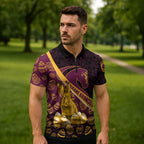 Brisbane Broncos Easter Day Zipper Polo Shirt Bunny and Egg Pattern in Gold Maroon Festive Style