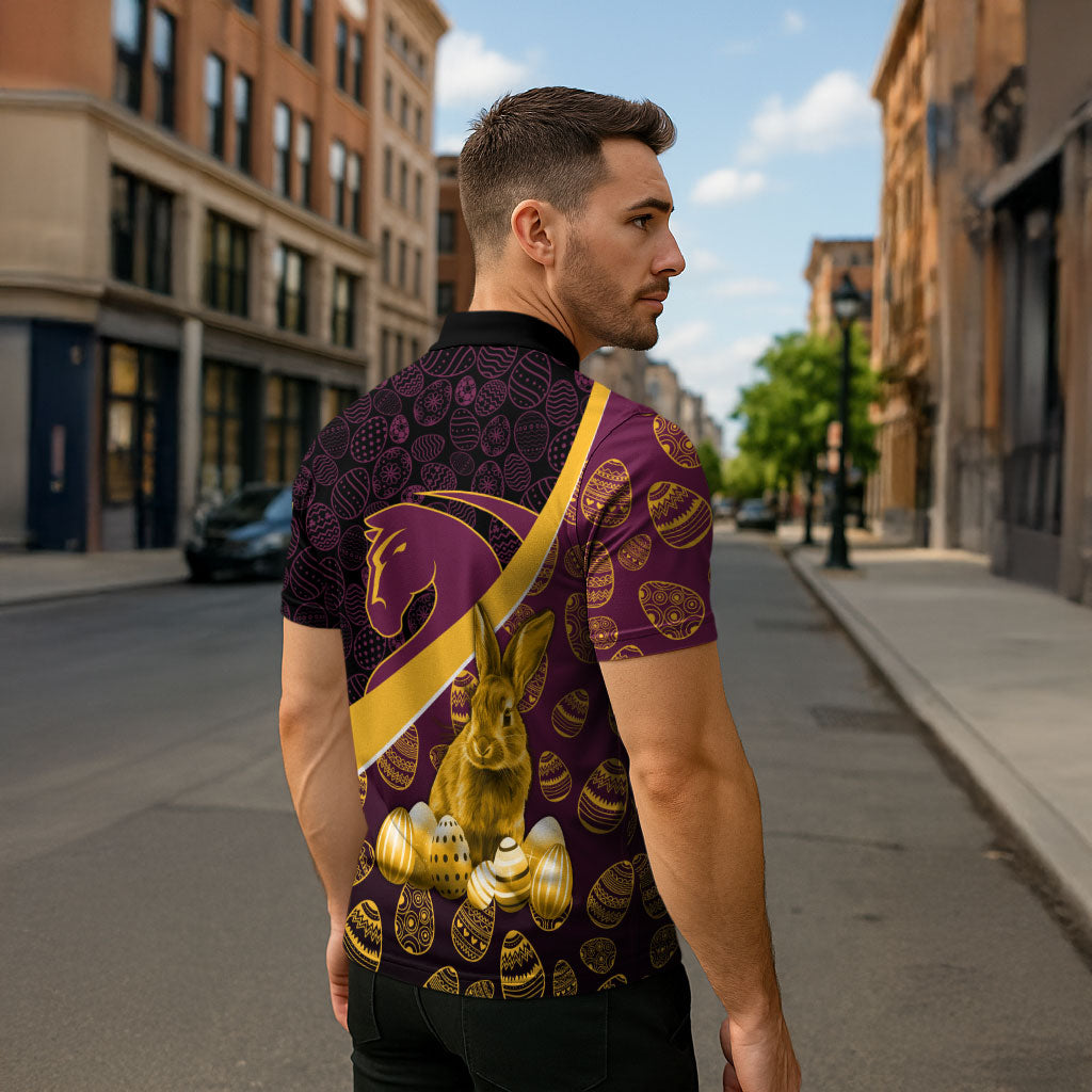 Brisbane Broncos Easter Day Zipper Polo Shirt Bunny and Egg Pattern in Gold Maroon Festive Style