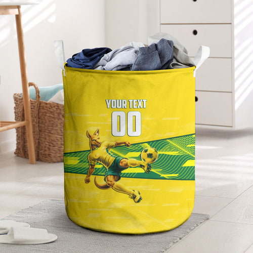 Personalized Socceroos Mascot Laundry Basket Australian Football Player Dynamic Green Yellow Sports Art