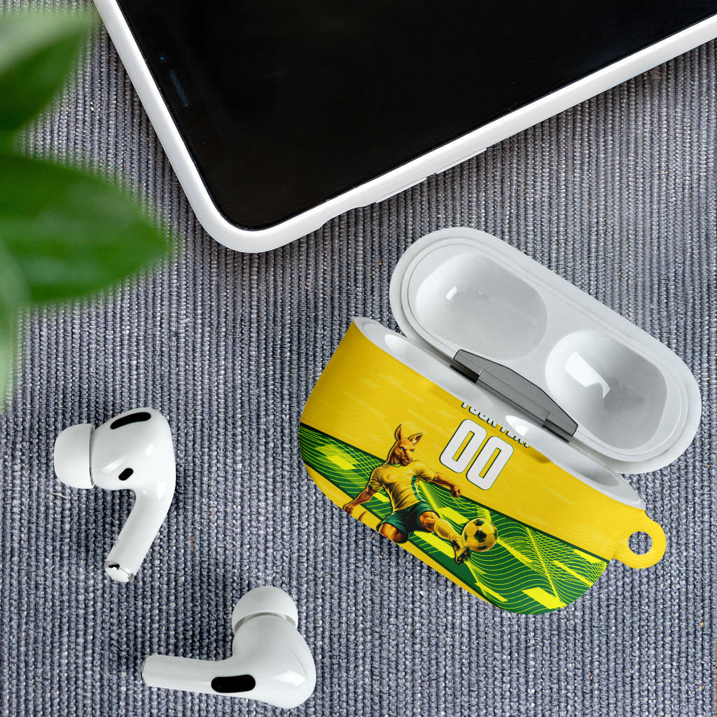 Personalized Socceroos Mascot AirPods Case Australian Football Player Dynamic Green Yellow Sports Art