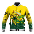 Personalized Socceroos Mascot Baseball Jacket Australian Football Player Dynamic Green Yellow Sports Art