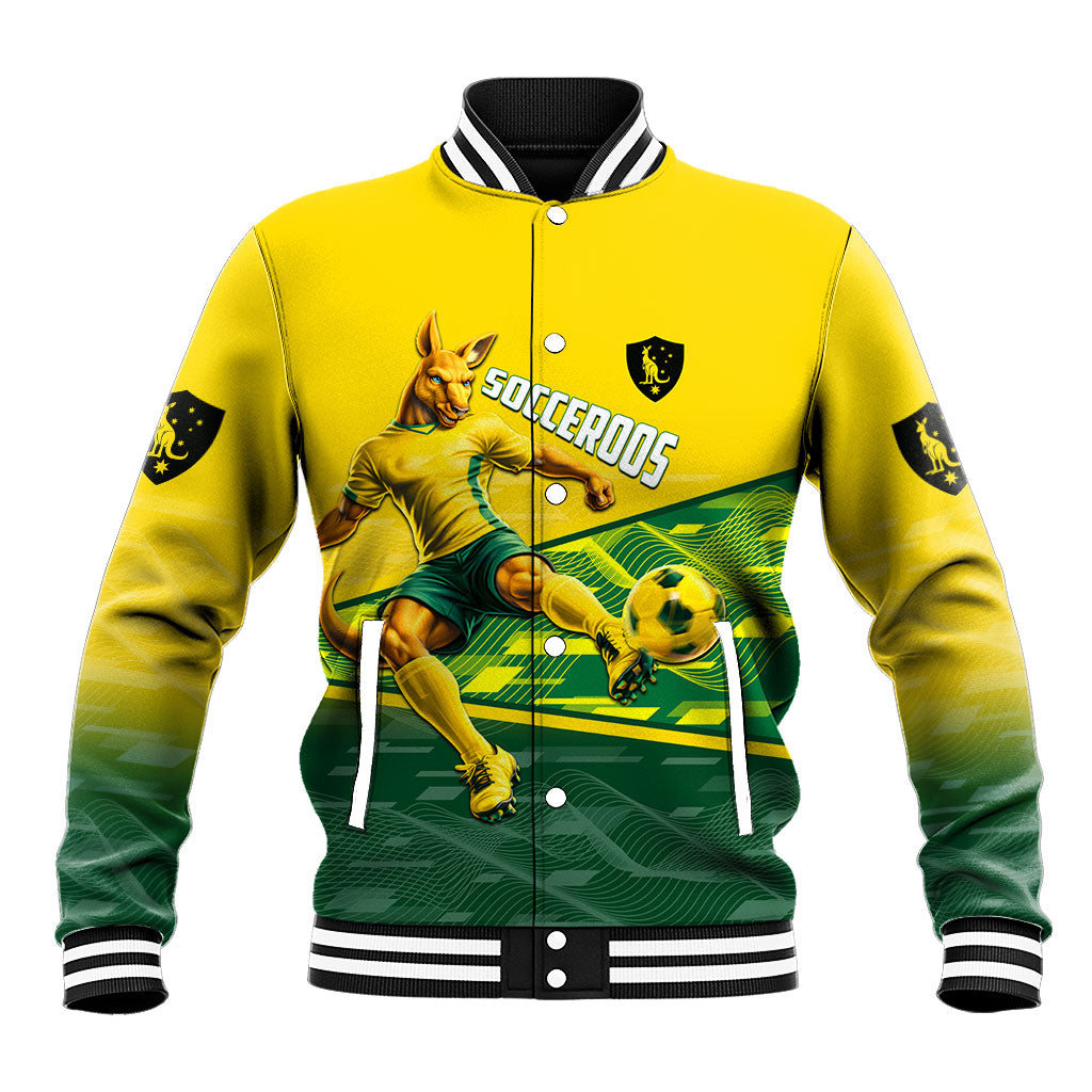 Personalized Socceroos Mascot Baseball Jacket Australian Football Player Dynamic Green Yellow Sports Art