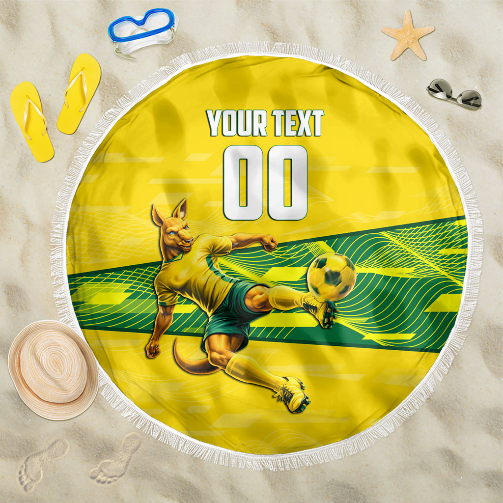 Personalized Socceroos Mascot Beach Blanket Australian Football Player Dynamic Green Yellow Sports Art