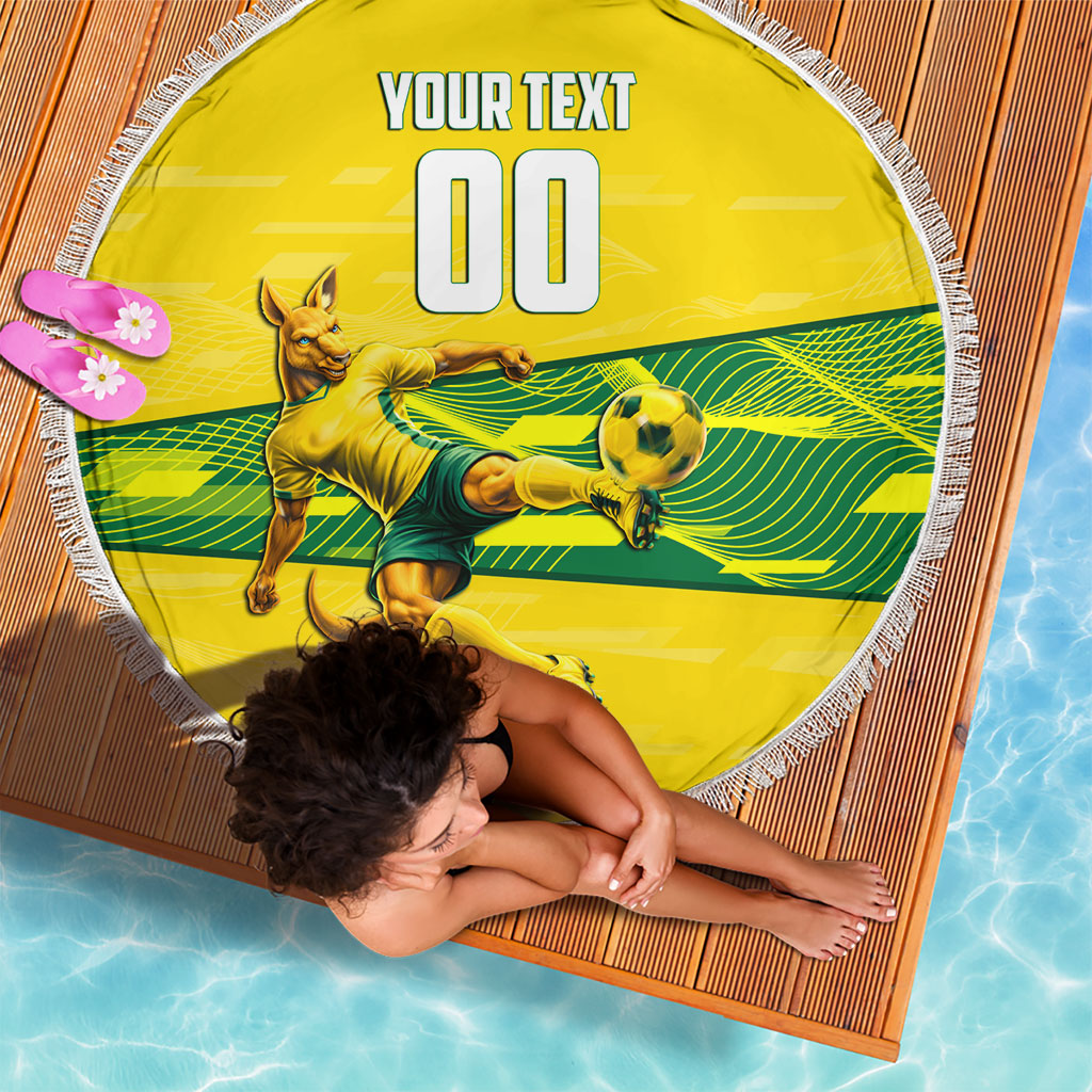 Personalized Socceroos Mascot Beach Blanket Australian Football Player Dynamic Green Yellow Sports Art
