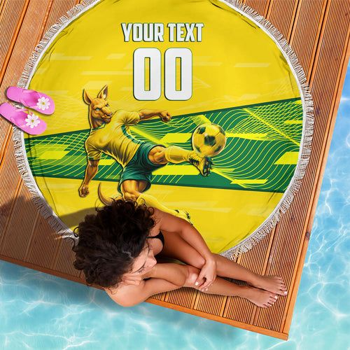 Personalized Socceroos Mascot Beach Blanket Australian Football Player Dynamic Green Yellow Sports Art