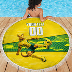 Personalized Socceroos Mascot Beach Blanket Australian Football Player Dynamic Green Yellow Sports Art