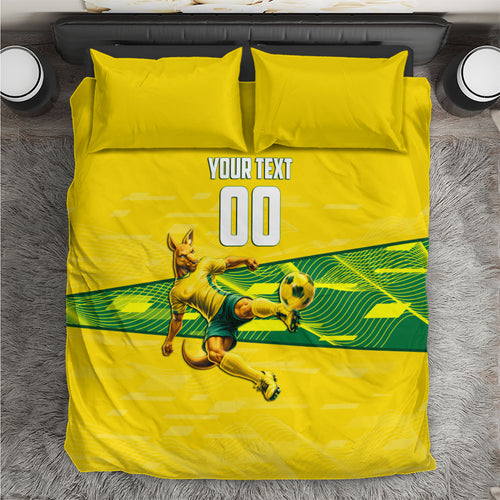 Personalized Socceroos Mascot Bedding Set Australian Football Player Dynamic Green Yellow Sports Art