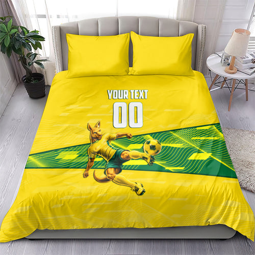 Personalized Socceroos Mascot Bedding Set Australian Football Player Dynamic Green Yellow Sports Art