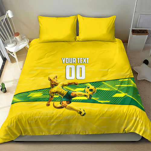 Personalized Socceroos Mascot Bedding Set Australian Football Player Dynamic Green Yellow Sports Art