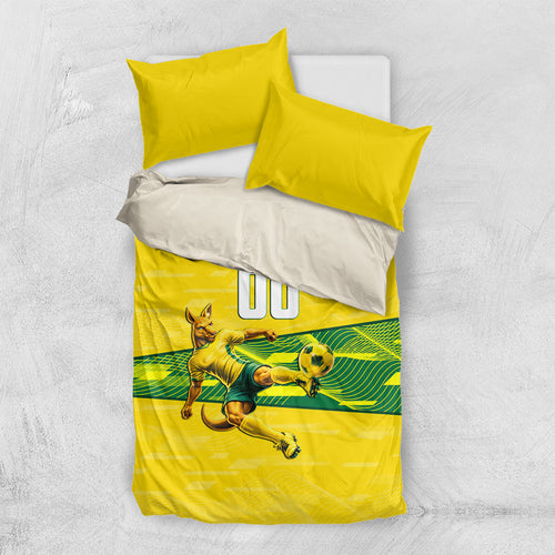 Personalized Socceroos Mascot Bedding Set Australian Football Player Dynamic Green Yellow Sports Art