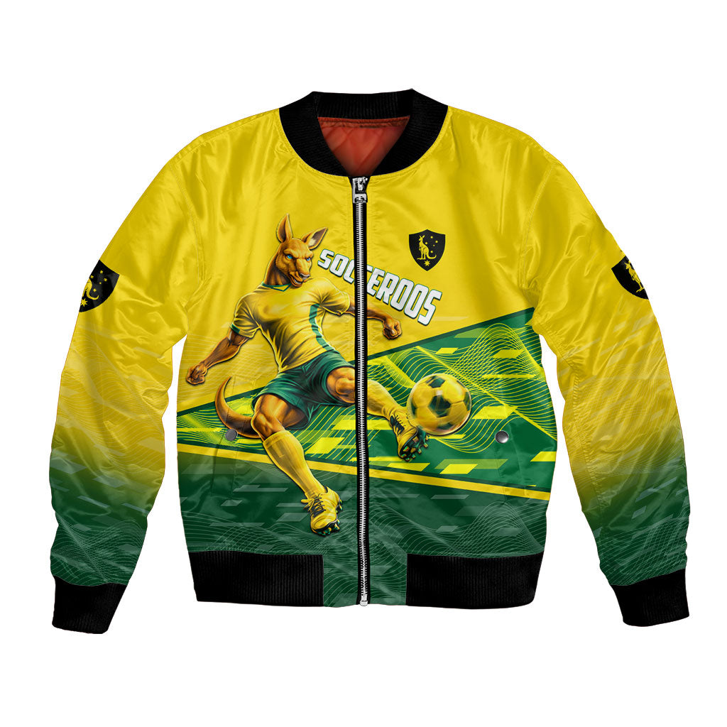 Personalized Socceroos Mascot Bomber Jacket Australian Football Player Dynamic Green Yellow Sports Art