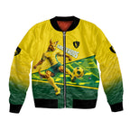 Personalized Socceroos Mascot Bomber Jacket Australian Football Player Dynamic Green Yellow Sports Art