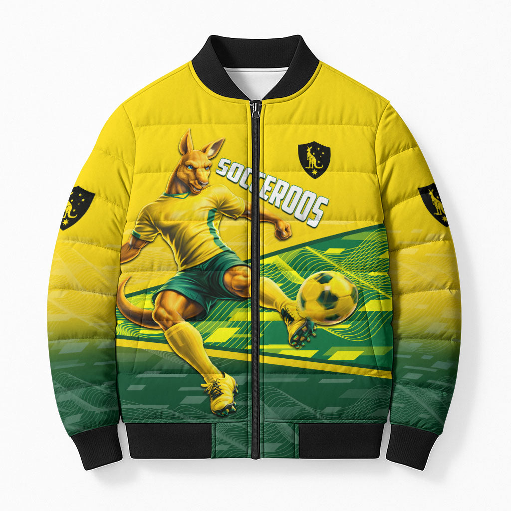 Personalized Socceroos Mascot Bomber Puffer Jacket Australian Football Player Dynamic Green Yellow Sports Art