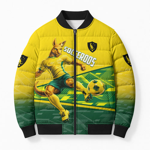 Personalized Socceroos Mascot Bomber Puffer Jacket Australian Football Player Dynamic Green Yellow Sports Art