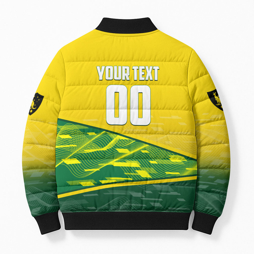 Personalized Socceroos Mascot Bomber Puffer Jacket Australian Football Player Dynamic Green Yellow Sports Art