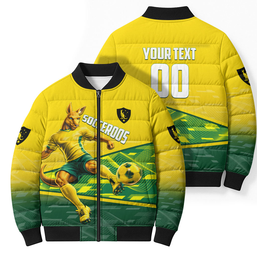 Personalized Socceroos Mascot Bomber Puffer Jacket Australian Football Player Dynamic Green Yellow Sports Art