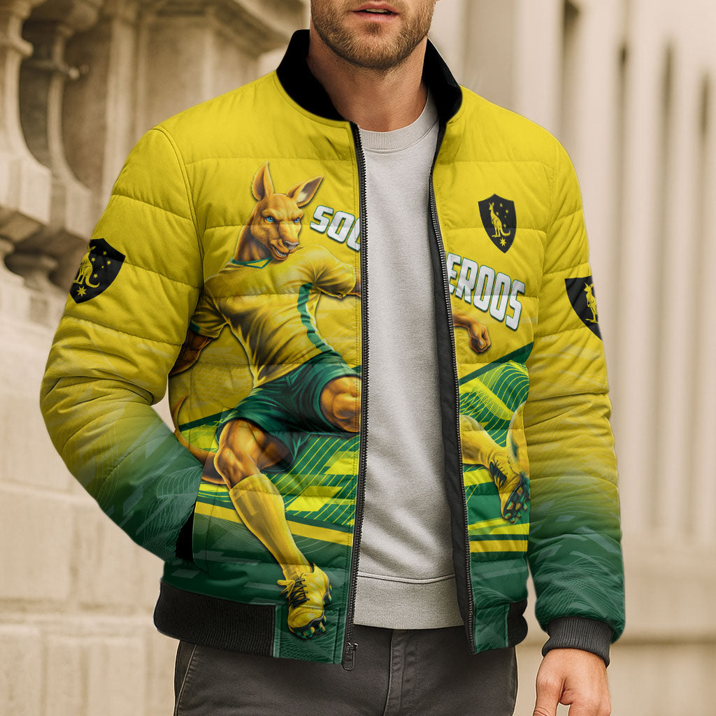 Personalized Socceroos Mascot Bomber Puffer Jacket Australian Football Player Dynamic Green Yellow Sports Art