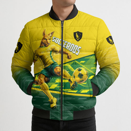 Personalized Socceroos Mascot Bomber Puffer Jacket Australian Football Player Dynamic Green Yellow Sports Art