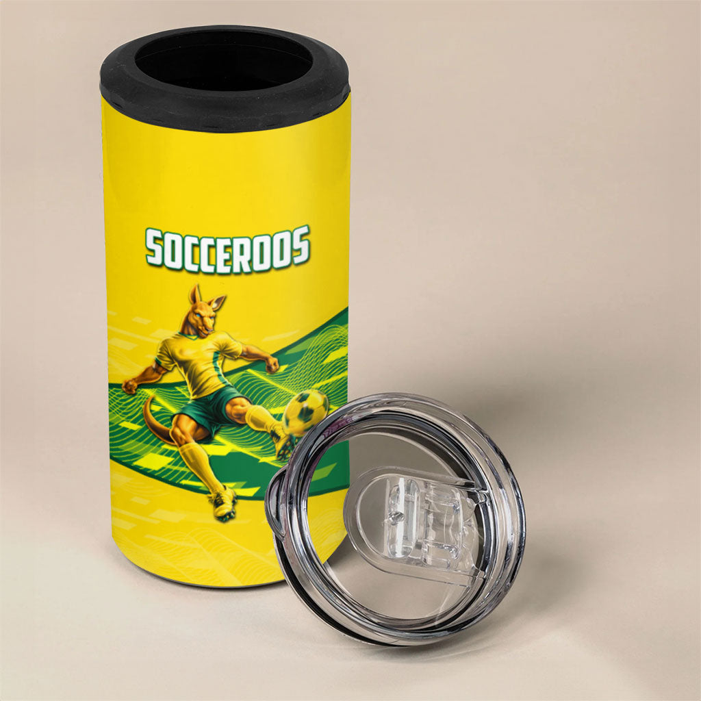 Personalized Socceroos Mascot 4 in 1 Can Cooler Tumbler Australian Football Player Dynamic Green Yellow Sports Art