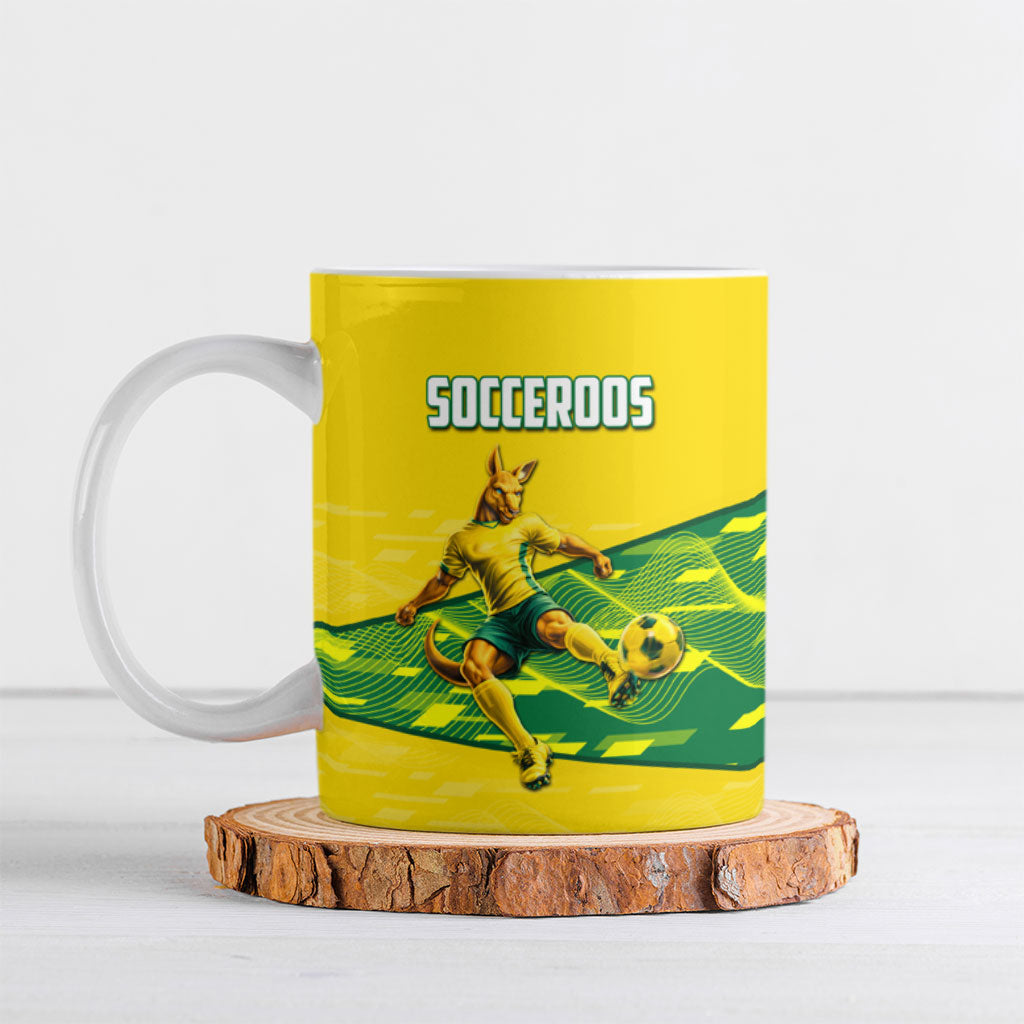 Personalized Socceroos Mascot Ceramic Mug Australian Football Player Dynamic Green Yellow Sports Art