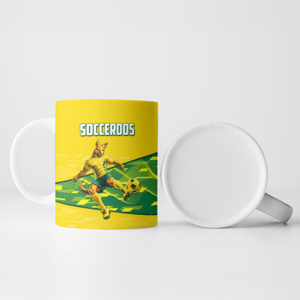 Personalized Socceroos Mascot Ceramic Mug Australian Football Player Dynamic Green Yellow Sports Art