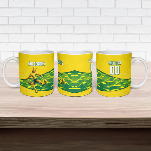 Personalized Socceroos Mascot Ceramic Mug Australian Football Player Dynamic Green Yellow Sports Art