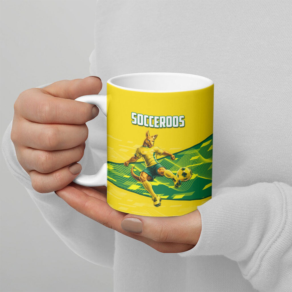 Personalized Socceroos Mascot Ceramic Mug Australian Football Player Dynamic Green Yellow Sports Art