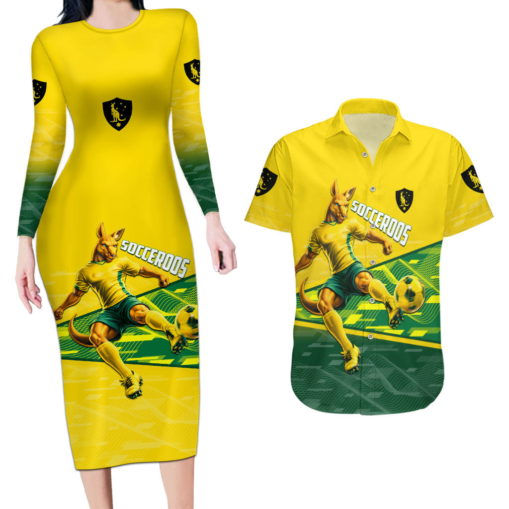 Personalized Socceroos Mascot Couples Matching Long Sleeve Bodycon Dress and Hawaiian Shirt Australian Football Player Dynamic Green Yellow Sports Art