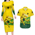 Personalized Socceroos Mascot Couples Matching Long Sleeve Bodycon Dress and Hawaiian Shirt Australian Football Player Dynamic Green Yellow Sports Art
