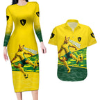 Personalized Socceroos Mascot Couples Matching Long Sleeve Bodycon Dress and Hawaiian Shirt Australian Football Player Dynamic Green Yellow Sports Art
