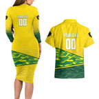 Personalized Socceroos Mascot Couples Matching Long Sleeve Bodycon Dress and Hawaiian Shirt Australian Football Player Dynamic Green Yellow Sports Art