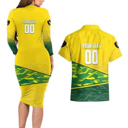 Personalized Socceroos Mascot Couples Matching Long Sleeve Bodycon Dress and Hawaiian Shirt Australian Football Player Dynamic Green Yellow Sports Art