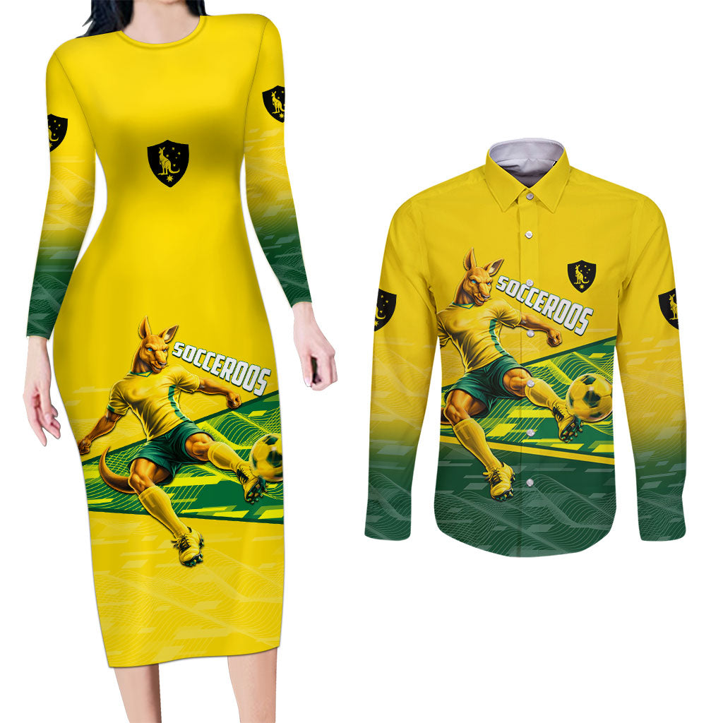 Personalized Socceroos Mascot Couples Matching Long Sleeve Bodycon Dress and Long Sleeve Button Shirt Australian Football Player Dynamic Green Yellow Sports Art