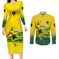 Personalized Socceroos Mascot Couples Matching Long Sleeve Bodycon Dress and Long Sleeve Button Shirt Australian Football Player Dynamic Green Yellow Sports Art