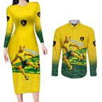 Personalized Socceroos Mascot Couples Matching Long Sleeve Bodycon Dress and Long Sleeve Button Shirt Australian Football Player Dynamic Green Yellow Sports Art
