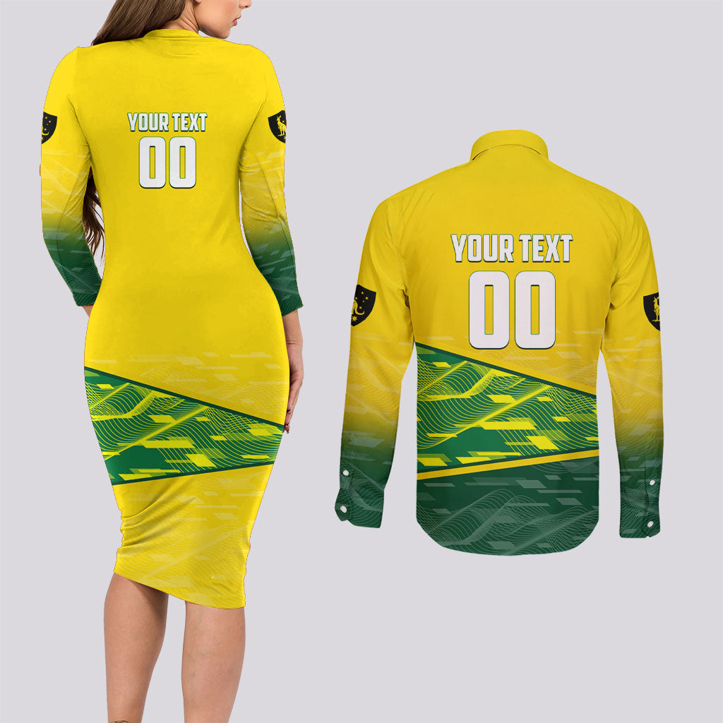 Personalized Socceroos Mascot Couples Matching Long Sleeve Bodycon Dress and Long Sleeve Button Shirt Australian Football Player Dynamic Green Yellow Sports Art