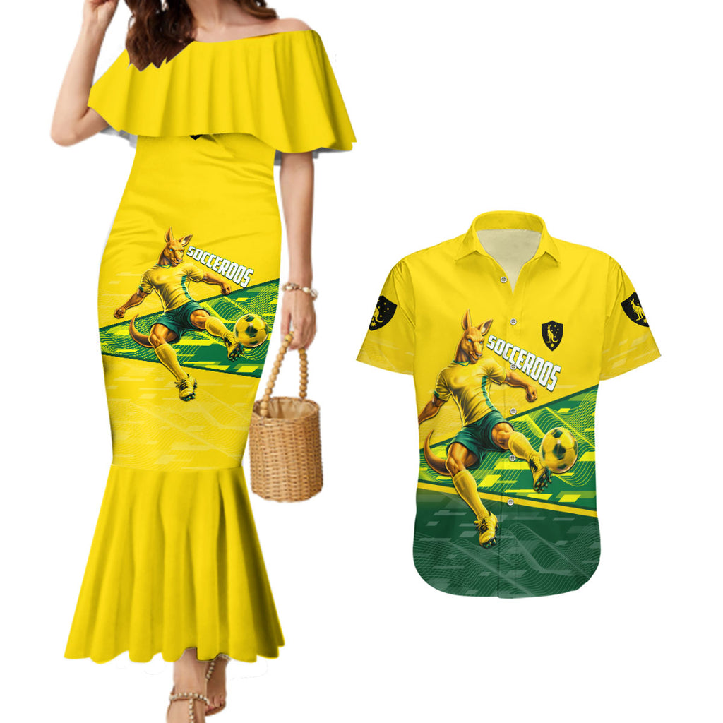 Personalized Socceroos Mascot Couples Matching Mermaid Dress and Hawaiian Shirt Australian Football Player Dynamic Green Yellow Sports Art