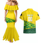 Personalized Socceroos Mascot Couples Matching Mermaid Dress and Hawaiian Shirt Australian Football Player Dynamic Green Yellow Sports Art