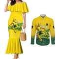 Personalized Socceroos Mascot Couples Matching Mermaid Dress and Long Sleeve Button Shirt Australian Football Player Dynamic Green Yellow Sports Art