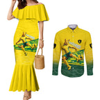 Personalized Socceroos Mascot Couples Matching Mermaid Dress and Long Sleeve Button Shirt Australian Football Player Dynamic Green Yellow Sports Art