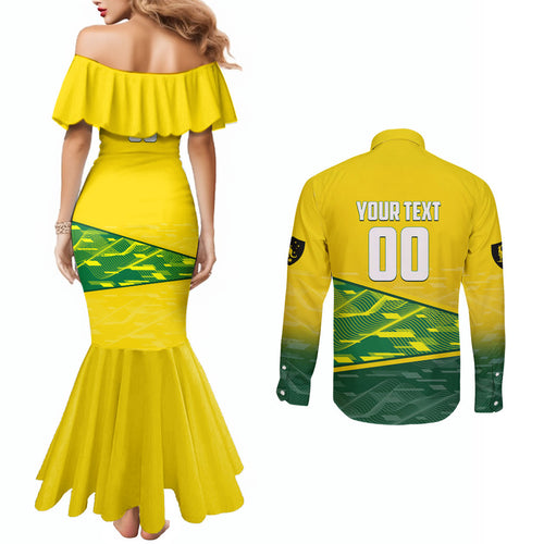 Personalized Socceroos Mascot Couples Matching Mermaid Dress and Long Sleeve Button Shirt Australian Football Player Dynamic Green Yellow Sports Art