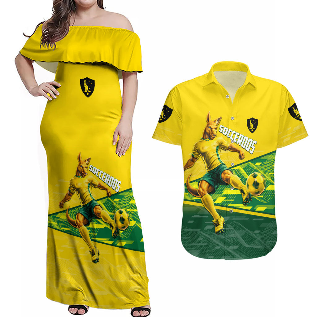 Personalized Socceroos Mascot Couples Matching Off Shoulder Maxi Dress and Hawaiian Shirt Australian Football Player Dynamic Green Yellow Sports Art